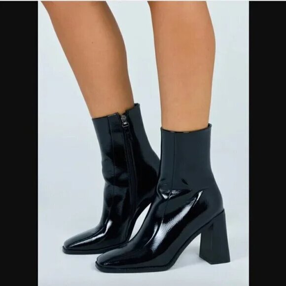 Princess Polly Kia Black Patent Leather Heeled Ankle Boots 6 - Picture 5 of 10